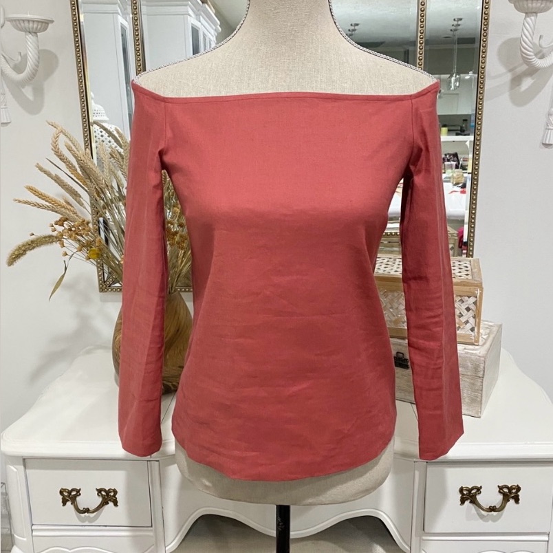 Theory Aprine Off-The-Shoulder Top Linen Blend Salmon Sz 0 Summer Lightweight